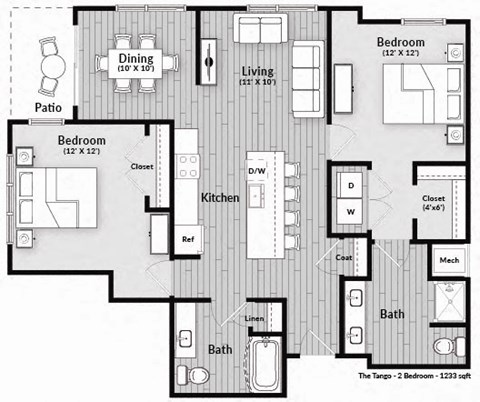 Floor plan for 2 beds, 2 baths, 1233 sqft